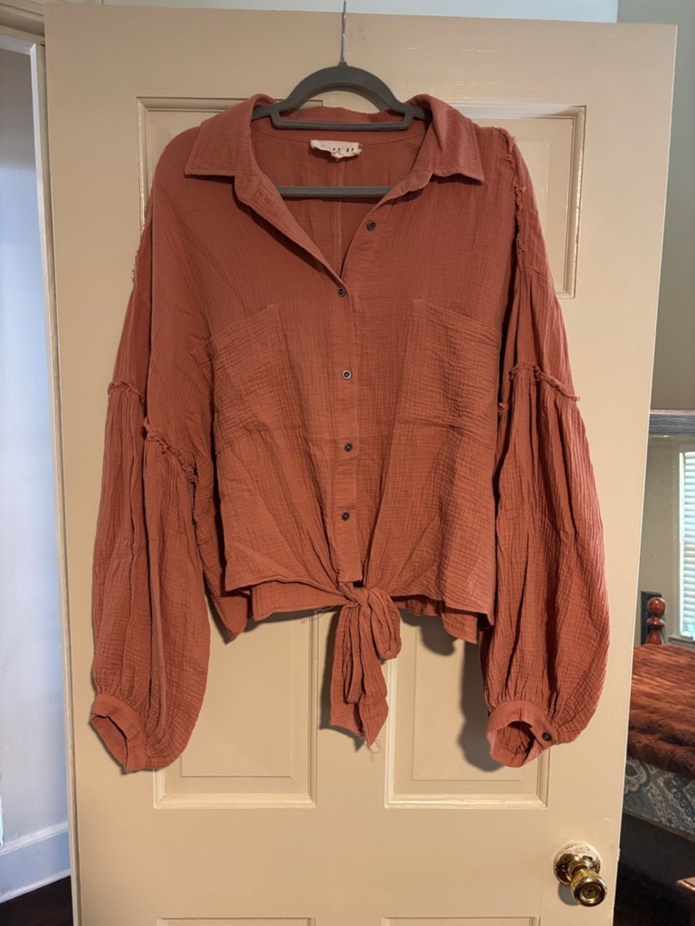 Tie-Front Button-Down Blouse in Rust